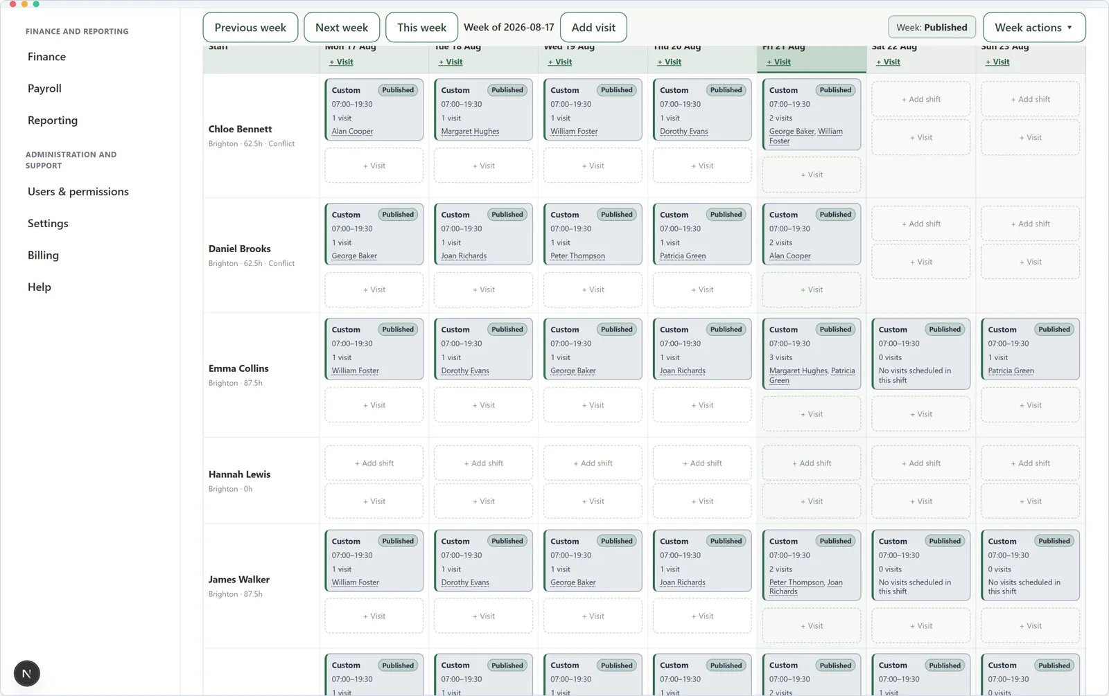 ISO Care manager rota on the web dashboard