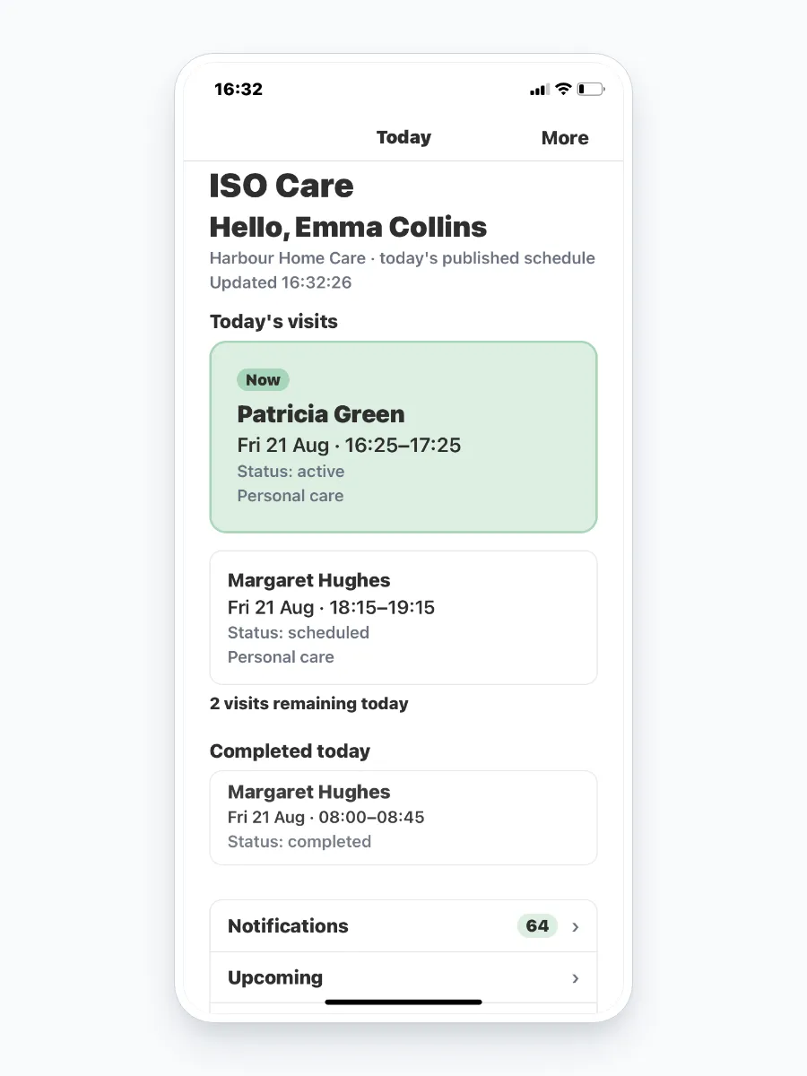 ISO Care mobile app on a carer’s phone