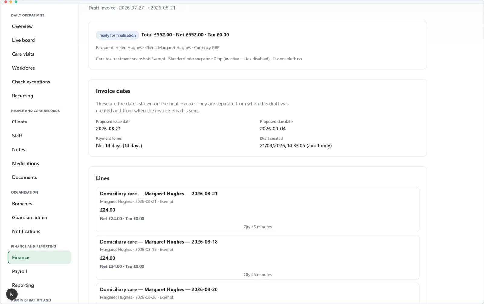 ISO Care finance and invoicing