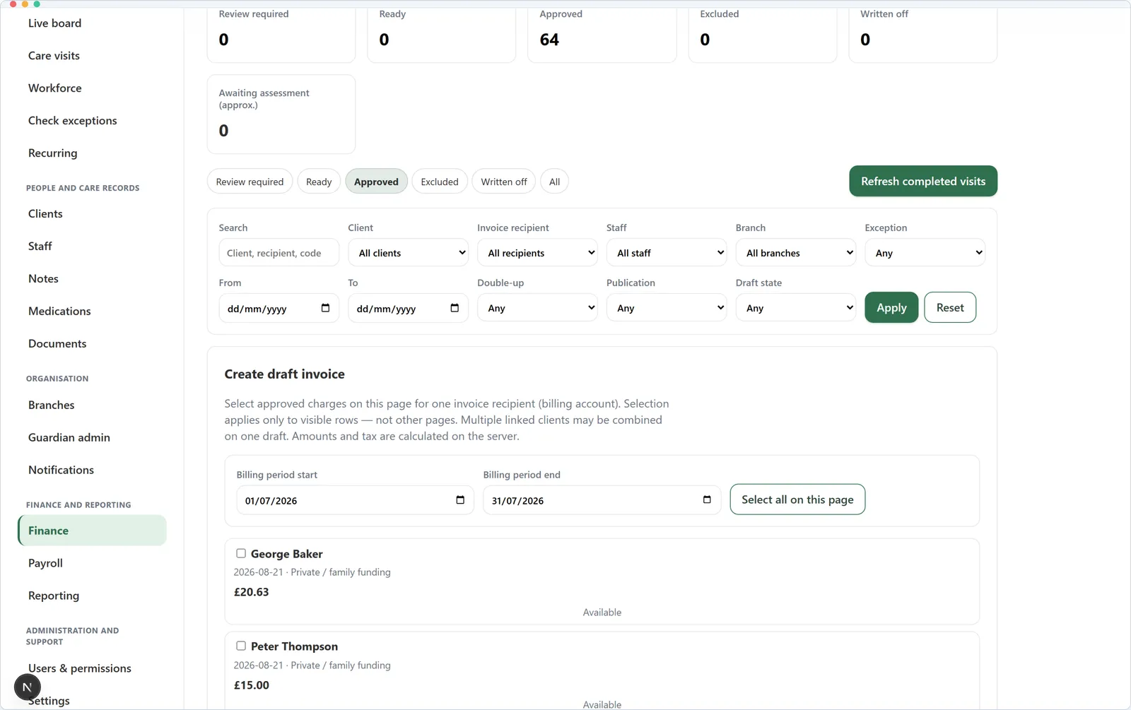 ISO Care visit-to-invoice workflow